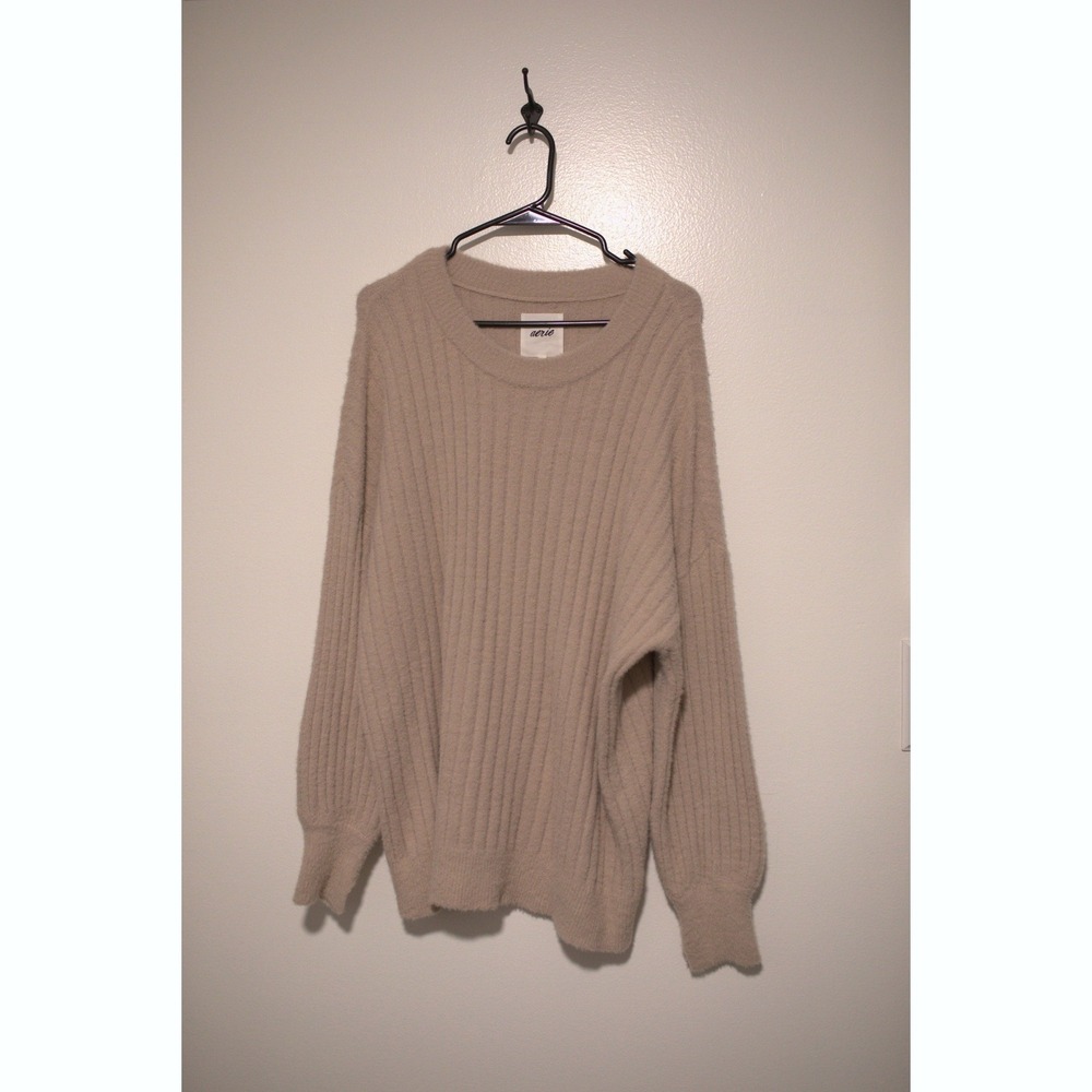 Aerie Women Ribbed Crewneck Sweater Tan Beige Oversized Fuzzy Knit Medium NWT